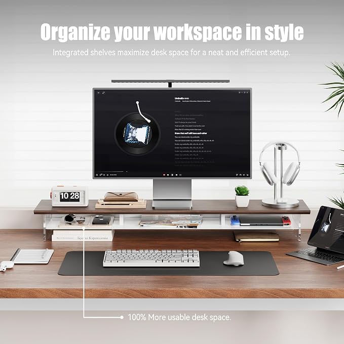 FENSULN Dual‑Tier Monitor Stand for Modern Desk Setup – Minimalist Wooden and Metal Riser Shelf with Transparent Acrylic Feet for Dual Monitors, Laptops, Home Office Aesthetic，Brown and White - Image 2
