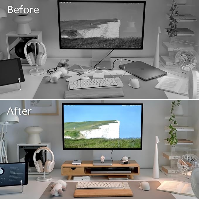 Bamboo Monitor Stand Riser with Drawer | Ergonomic Computer Riser for Desk with Cable Management & Storage Organizer, Wood Monitor Stand for Home Office - Image 3