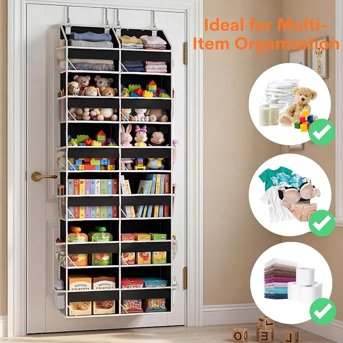 Over The Door Organizer 6 Tiers, Extra Large Behind Door Storage of 12 Compartments, 80 lbs Weight Capacity Hanging Storage Organizer with Clear Window Kids Toys, Shoes, Diapers, Room Storage,Black - Image 5