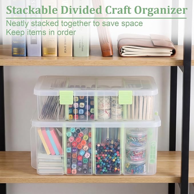 BTSKY Clear Plastic Dividing Storage Box with 4 Compartments Sewing Box | 13.3x8.1x3.4 Inches Adjustable Storage Bin with Lid Plastic Craft Storage Container Multipurpose Art Supply Organizer Green - Image 8