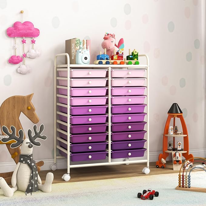 GOFLAME 20-Drawer Rolling Storage Cart, Multifunctional Art Craft Organizer Cart, Mobile Utility Storage Cart with Removable Drawers & Lockable Wheels, Craft Cart for Home Office, Purple Gradient - Image 8