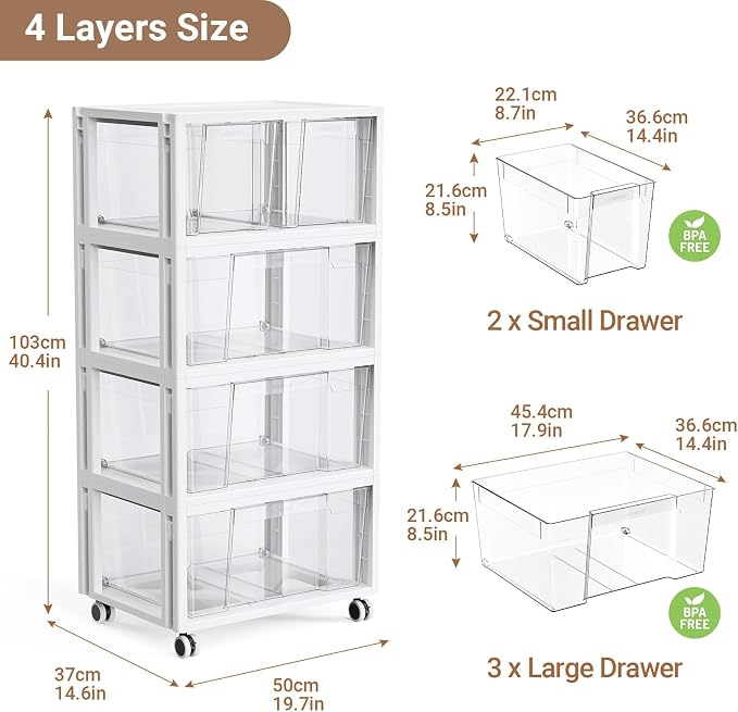 Stackable Storage Drawer Carts, Extra Large Bins 4 Tier 5 Drawers | Smooth Pull-Out Drawers, Clear Plastic Storage Organizer Container For Home Office Bedroom Bathroom Art Crafts Under Desk - Image 2
