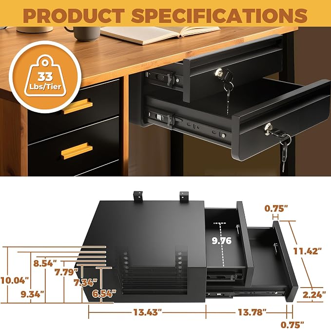 POPMOON 14" D Double Under Desk Drawer Lockable Pull Out Storage Organizer | Metal Under Table Drawer with Lock & Key, Adjustable Height Under Desk Drawer Slide Out Smooth Slide Rails, Tier Hold 33 lbs - Image 2
