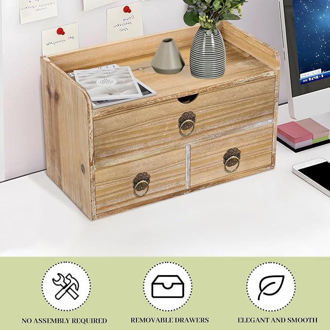 Washed White Wood Desk Organizer, Mini Desktop Organizer with Drawers, Tabletop Storage Organization for Home Office Supplies Vanity, No Assembly Required (3 Drawer and Shelf) - Image 7