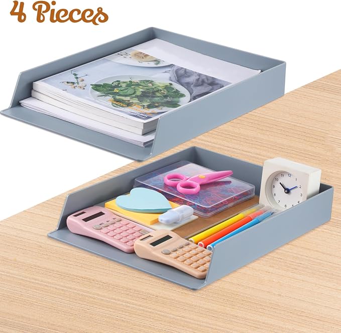 4 Pcs Stackable Paper Trays Rectangular Plastic Desk Holder Desktop Document File Organizer Storage Letter for Office Classroom (Gray) - Image 2