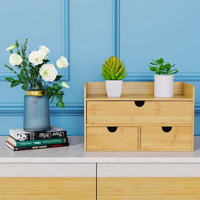 Bamboo Desk Organizer with Drawers, Desktop Storage for Office Supplies | 3 Drawers Desktop organizer, No Assembly Required, Natural Wood Wooden Desktop Drawers Box for Bills, Cosmetics, Seals, Paper - Image 5