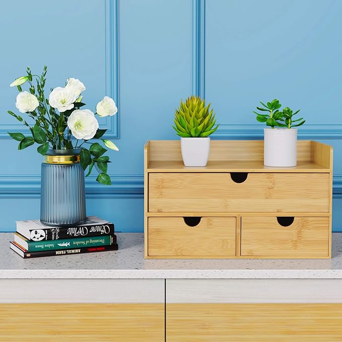 Bamboo Desk Organizer with Drawers, 3-Drawer Desktop Storage Box | 3 Drawers Open Top Tray Fully Assembled Stores Pens, Notes, Makeup, Jewelry & Toiletries for Office, Vanity & Bath - Image 2