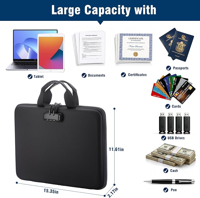 Fireproof Document Box with Lock, Hard-Shell Case Fireproof File Organizer with 13 Pocket Accordion File Folder, Portable Home Office Travel Safe Storage for Important Documents Laptop - Image 6