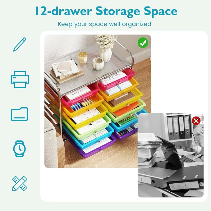 GOFLAME 12-Drawer Rolling Storage Cart, Multifunctional Art Craft Organizer Cart, Mobile Utility Storage Cart with Removable Drawers & Lockable Wheels, Craft Cart for Home Office School, Rainbow - Image 5