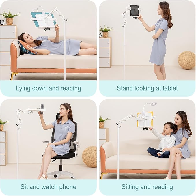 Book Stand for Bedsid, Book Light and 2 Spring Clips, with Phone Holder, Long Arm Table Music Stand, Adjustable Height Angle, for Laptop Phone Tablet, for Cookbooks, Textbooks, Magazines - Image 7