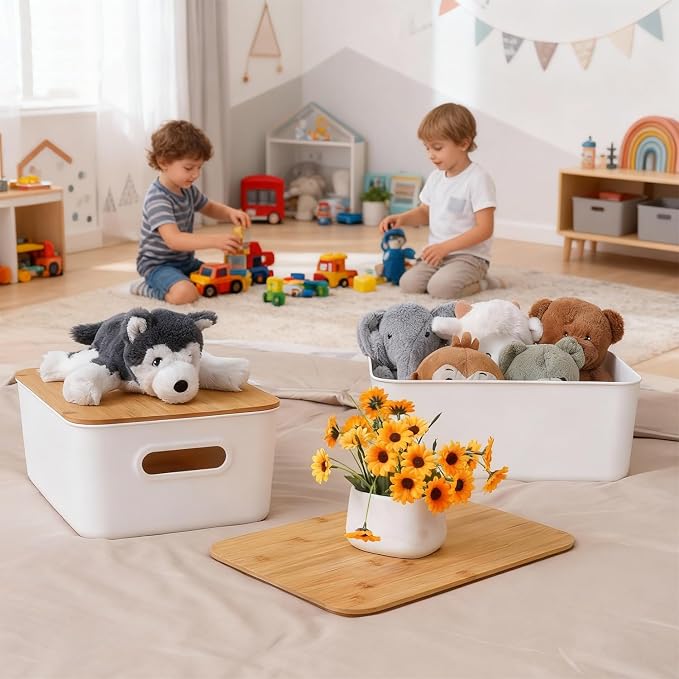 Citylife Storage Bins with Bamboo Lids 16QT Plastic Storage Containers Stackable Organizer Boxes with Handle for Desk Snacks, Toys, 4 PCS, 15" L x 10.6" W x 5.8" H - Image 2