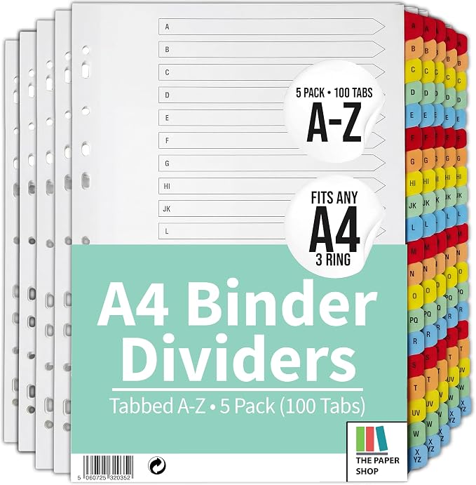 The Paper Shop A-Z Dividers for 3 Ring Binder - A4 (5 Pack) | Alphabet Binder Dividers with Tabs for Office School & Home | A-Z Alphabetical Index Tabs 150gsm | Colour-Coded Set, 5-Pack by ThePaperShop