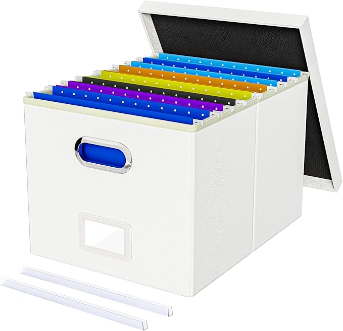 File Organizer Box with Lid, Portable Hanging File Box for Letter/Legal Files, Office/Decor/Home, 1 Pack, White Leather by Oterri