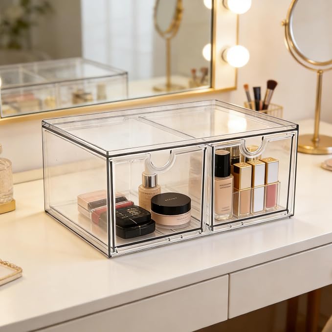 Prsildan Stackable Clear Makeup Organizer Acrylic Storage Drawers with 2 Drawers for Vanity Bathroom Office Desk Modular Drawer System for Cosmetics Jewelry Toiletries Home Organization - Image 2