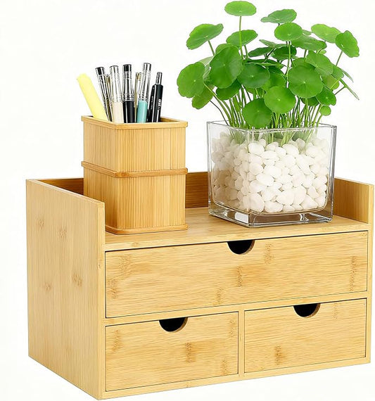 Desk Organizer with Drawers - Bamboo Desktop Organizer for Office Home Makeup Vanity Shelf, Stackable Storage Drawers Box for Desk Organization, No Assembly Required by QIAMBAMDAY