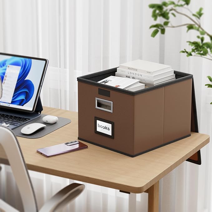 File Organizer Box with Lids, Collapsible File Folder Organizer | File Box with Plastic Slides for Document, Filing Bin for Letter Size Hanging File Folders (1 Pack, Dark Brown, Leather) - Image 2