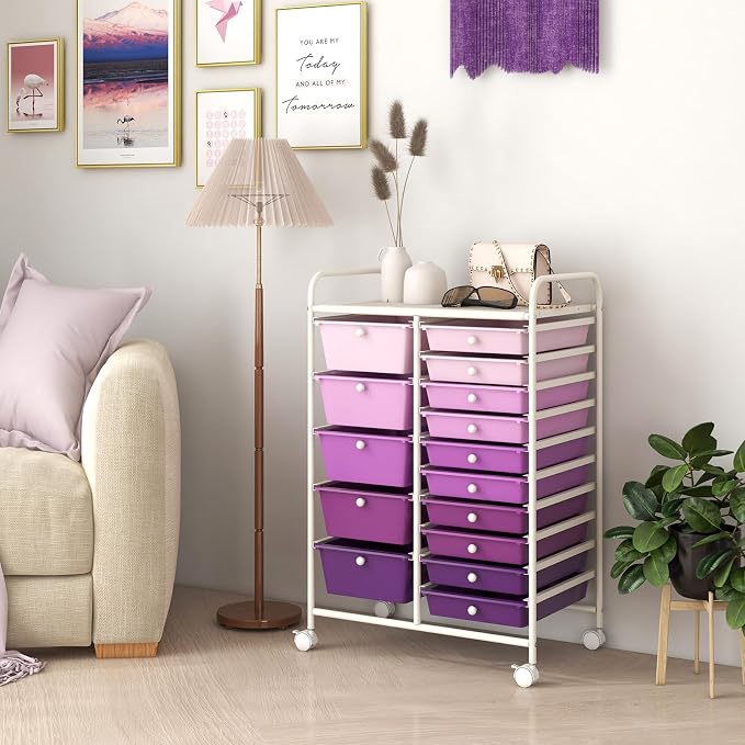 COSTWAY 15 Drawer Rolling Storage Cart, Mobile Storage Organizer | Removable Drawers & Metal Frame, Multipurpose Utility Tools Paper Organizer on Wheels for Home, Office (Purple Gradient) - Image 2
