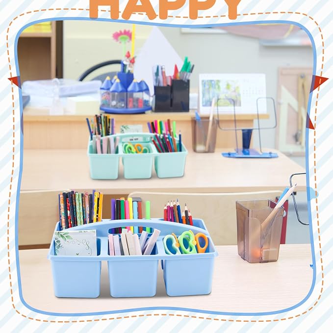 Lineshading 6 Pcs Classroom Caddy Storage - 6 Compartments Plastic Pencil Holders Table Caddy with Handles for Kids Arts, Crafts, Crayon, Marker, Pencil - School Office Organizers Supplies - Image 6