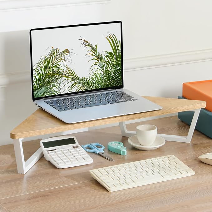 TEAMIX 26 inch Corner Monitor Stand Riser with Keyboard Storage, Maple | Triangle Monitor Stand, Wood & Metal Computer Stand, Laptop Riser, Desktop Organizer, for L Shaped Desk, Home Office & Gaming - Image 2
