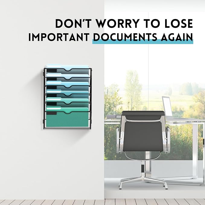 6-Tier Wall File Organizer, Hanging File Holder, Wall Mounted Mail Sorter | Metal Mesh Hanging File Organizer with Open Compartments and Label Panels for Papers and Folders at Home, Office or School - Image 4