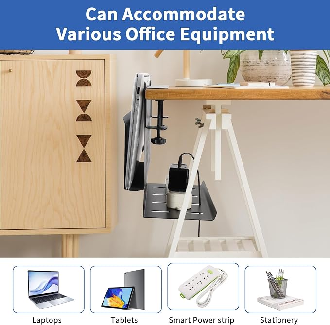 LUKETURE Desk Side Storage, Under Desk Laptop Mount with Cable Tray | 2-in-1 Steel laptop mount clamps to desk side, no drilling. Built-in cable tray hides cords. Holds 30 lbs, Office and Home - Image 5