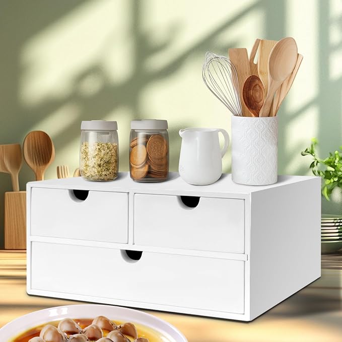 Charmewooden Bamboo Desk Organizer with 3 Drawers, Countertop Organizer with Drawers Makeup Storage Drawer 3 Drawer Tabletop Storage Organization Box Home Office Workspace（White） - Image 5