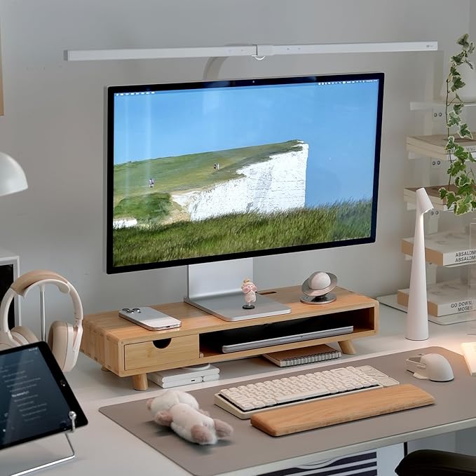 Bamboo Monitor Stand Riser with Drawer | Ergonomic Computer Riser for Desk with Cable Management & Storage Organizer, Wood Monitor Stand for Home Office by Rocdeer