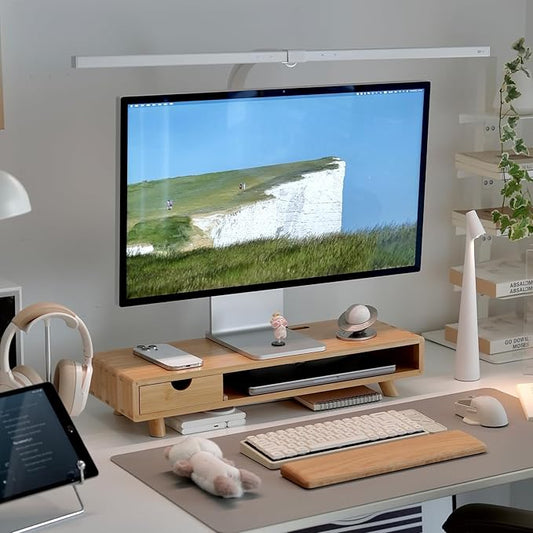 Bamboo Monitor Stand Riser with Drawer | Ergonomic Computer Riser for Desk with Cable Management & Storage Organizer, Wood Monitor Stand for Home Office by Rocdeer