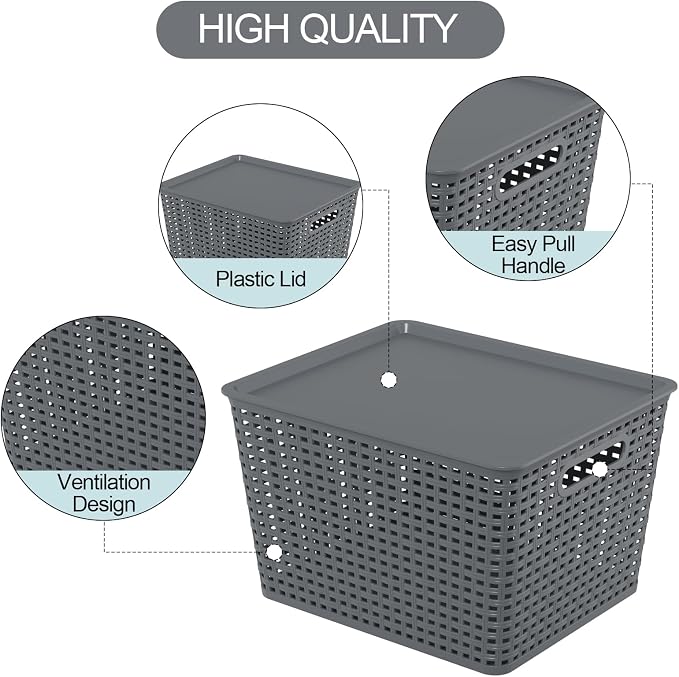 Zopnny Stackable Plastic Storage Baskets with Lids, 20-Qt (6 Pack) | Nesting Storage Bins for Shelves, Drawers, Closet, Classroom, Office, Plastic Stackable Storage Bins, Organizing Basket - Image 3