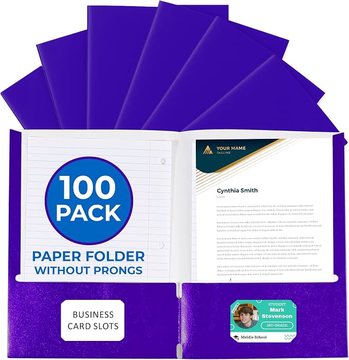 100 Pack Purple 2 Pocket Paper Folders. EPI Heavy Duty, Bulk Folders with Pockets and Business Card Slots. Colored Letter Size Document Organizers. Durable Portfolio for School, College, Office Files by EPI