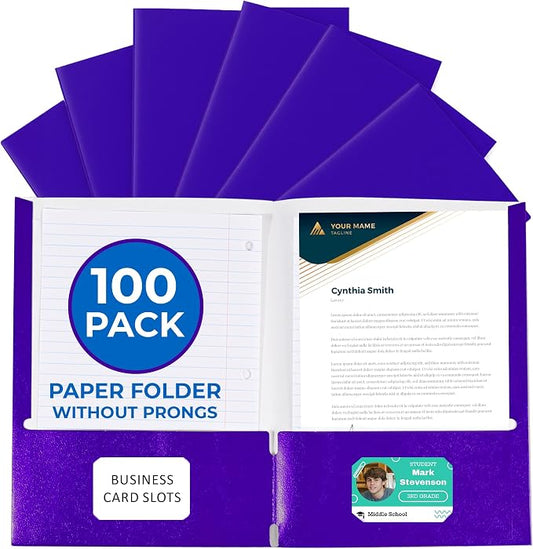 100 Pack Purple 2 Pocket Paper Folders. EPI Heavy Duty, Bulk Folders with Pockets and Business Card Slots. Colored Letter Size Document Organizers. Durable Portfolio for School, College, Office Files by EPI