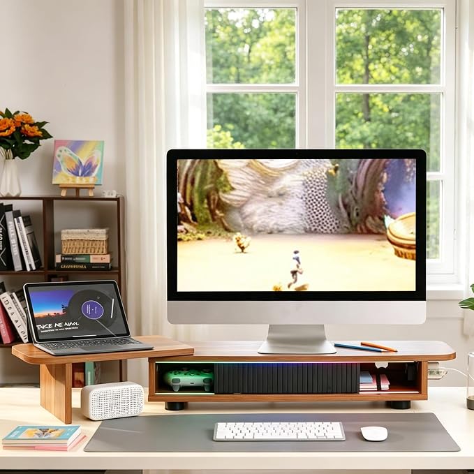 Artswish Dual Monitor Stand with Power Outlet, Brown Desk Monitor Riser | 2 AC Outlets & 2 USB Ports, RGB Lighting, Sliding Storage, Flexible Side Shelf, Desk Riser for Office, Work and Study - Image 3