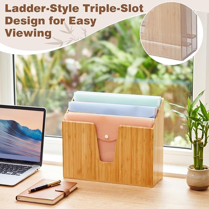Suzile Bamboo Wall Mounted File Folder Holder Organizer, 3-tier Vertical File Organizer Wooden Sorter Rack for Office, Home, Desktop, Desk Letter Mail Document Storage, 13" x 4.5" x 11.5" - Image 4