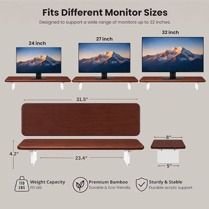 Bamboo Monitor Riser, Wide Desktop Monitor Stand for Desk with Clear Acrylic Legs, 31.5 x 8" Bamboo Wood Shelf, Fit Keyboard, Home Office Workspace Accessories,Study Stationaries Storage (Dark Brown) - Image 2