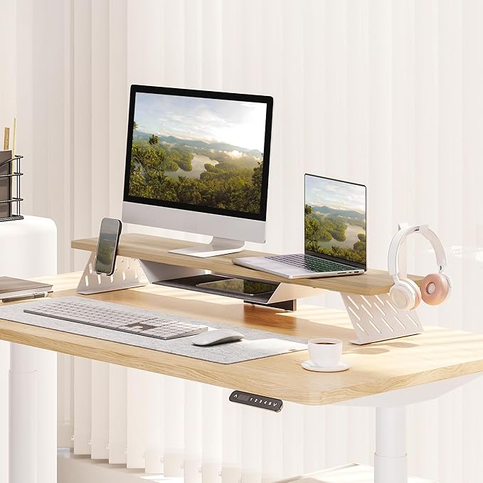 Fenge Dual Monitor Stand, Wooden Desk Shelf with Headphone & Phone Holder | 42.5" Monitor Riser with Storage Shelf, 2-Tier Monitor Shelf with Metal Leg for Home Office Organizer, Oak - Image 2