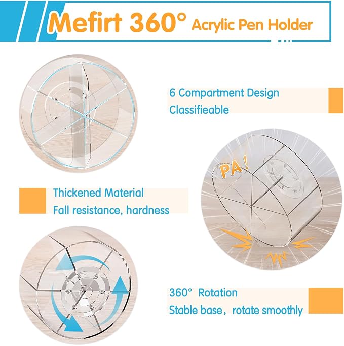 Mefirt Acrylic Pen Holder, 2 Pack 360 Rotating Organizer With 6 Compartments, Desk Office Storage for 800 Pens, Markers, Crayons and Art Supplies - Image 2
