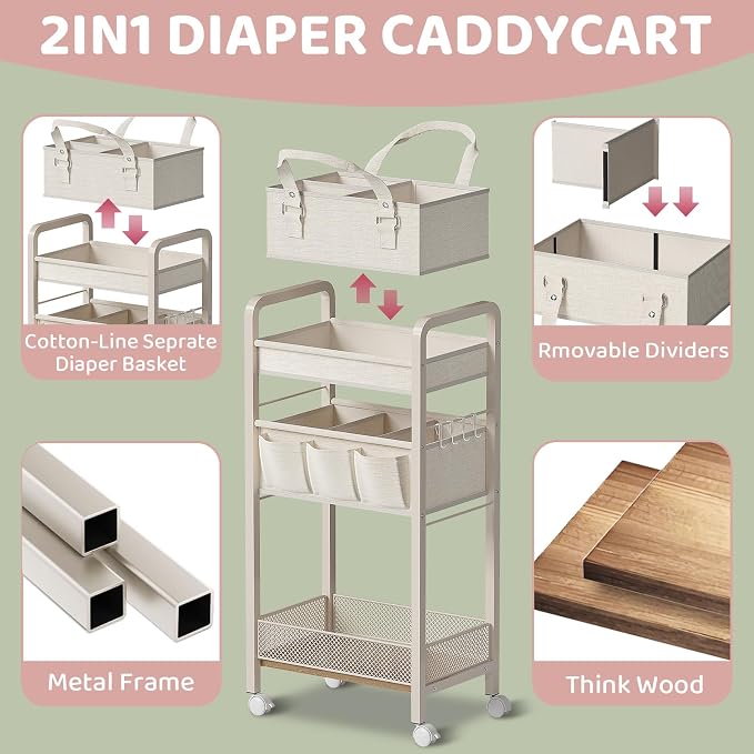 Baby Diaper Caddy Organizer and Storage,2In1 Baby Cart Organizer-Baby Diaper Caddy+3 Tier Rolling Cart for Baby Nursery,Baby Bedside Cart,Easy Assembly,Beige - Image 7