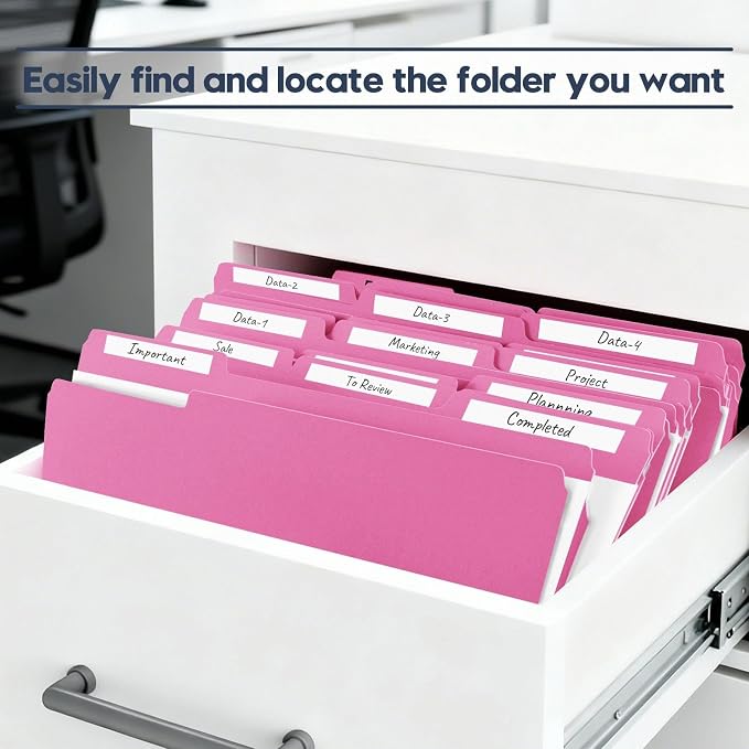 File Folders,150 Pack Letter Size Colored File Folders,8.5" x 11",1/3 Cut Tab Folder,Bulk Durable Paper Folders with Blank Labels for Office Business School Home Use,Bright Pink - Image 6