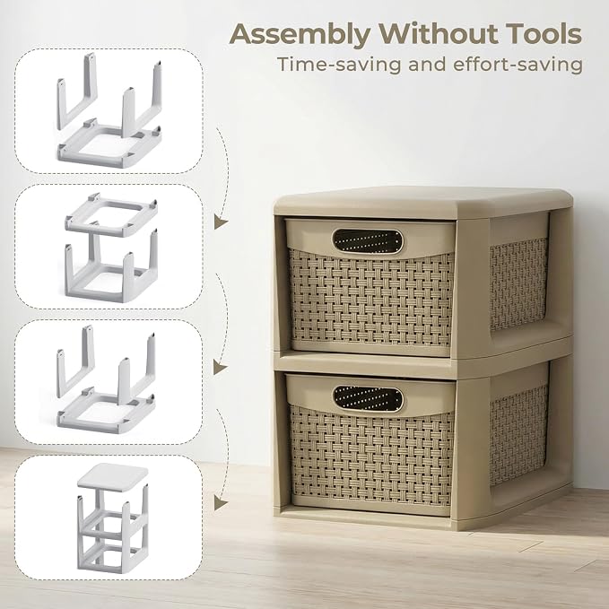 Giantex 2-Drawer Storage Organizer, Plastic Wicker Tower Baskets, Counterop & Under-desk Compact Container Boxes for Office, Bedroom, Bathroom, Living Room, Taupe - Image 5