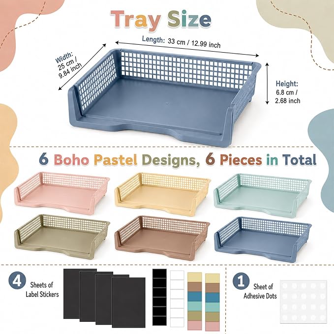 Set of 6 Boho Turn in Trays with Label Stickers for Teachers Stackable Classroom Paper Letter Trays Plastic Classroom Desk Letter Organizer Tray Storage Baskets for Library, Drawers, Office, Home - Image 2
