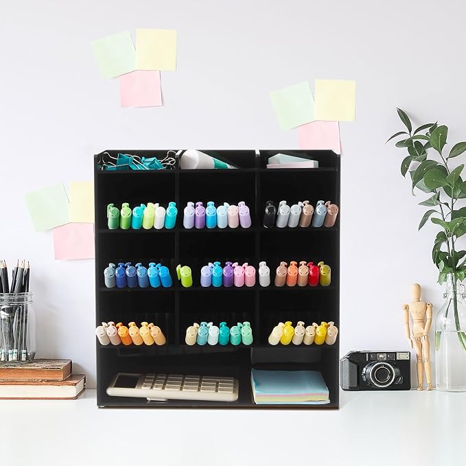 MotiMind Acrylic Pen Organizer Storage for 150 Markers Vertical Marker Organizer Acrylic Pen Display Holder for Office Desk Desktop Stationery Pencil Storage, Black, 10.2 x 4 x 9.8 Inch - Image 7
