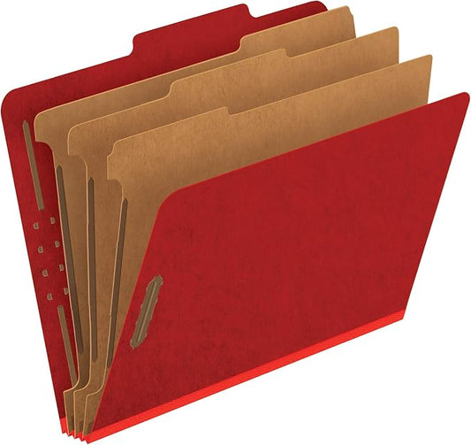 Pendaflex Pressboard Classification File Folders, 3 Dividers, 2" Embedded Fasteners, 2/5 Tab Cut, Letter Size, Bright Red, Box of 10 by TOPSProducts