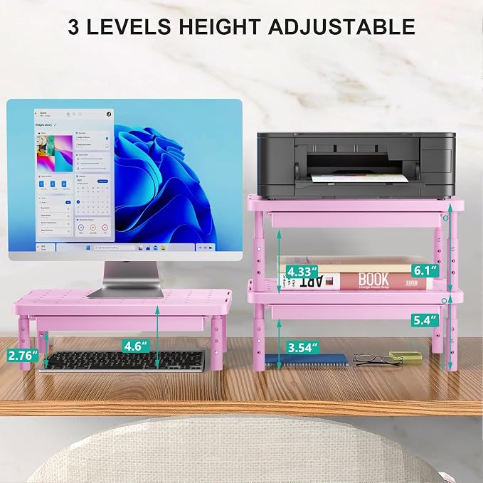 WALI Computer Monitor Stand with Storage, Monitor Riser 3 Height Adjustable | Laptop Riser with Airflow Vents, Desk Organizer for Computer, Printer, Notebook (PTT002-P), 1 Pack, Pink - Image 2
