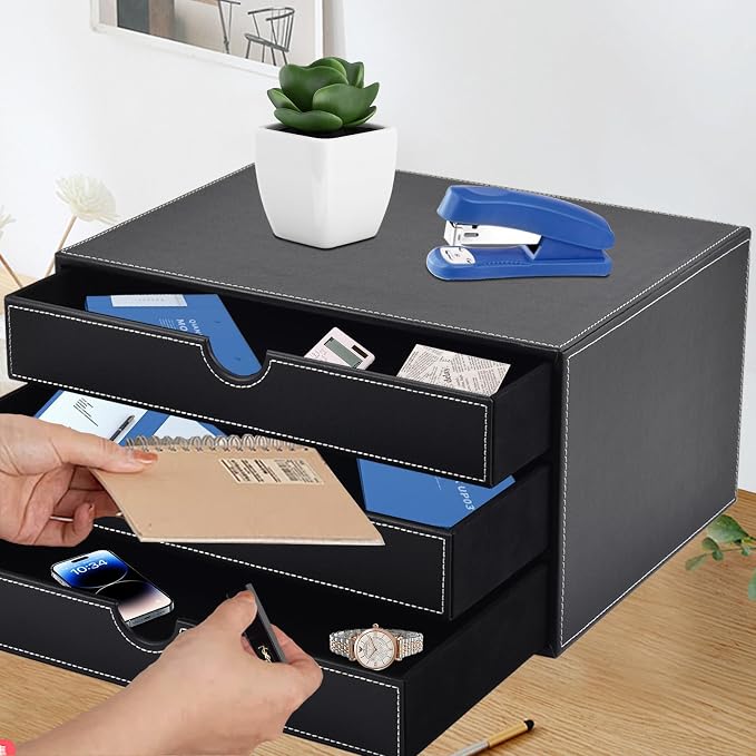 PU Leather Desk Organizer with 3 Drawers,Executive Office Supplies Desktop Filing A4 File Cabinet/Holder for Jewelry/Bill/Paper/Documents/Makeup Home Decor Stationery Storage Box,Black - Image 7