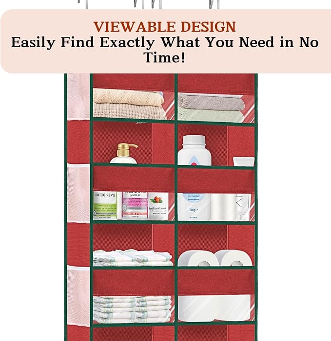 Over The Door Organizer 5 Tiers Extra Large Behind Door Storage of 10 | 80 lbs Weight Capacity Hanging Storage Organizer with Clear Window Kids Toys, Shoes, Diapers, Red - Image 4