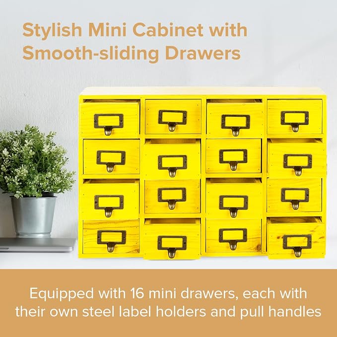 Yellow 16-Slot Wooden Drawer Unit - Country Style Desk Organizer - 20"x3.6”x14” Wooden Storage Box w/ 16 Drawers - Countertop Drawers w/Label Holder & Handle - Slim 4-Level Desk Organizer - Image 4