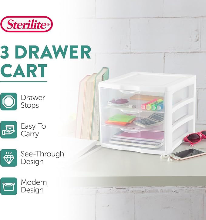Sterilite Clearview 3-Drawer Cart Small Plastic Storage Organizer, 18-Pack | White - Organizing Drawers, Containers for Bathroom, Closet, Kitchen, and Bedroom - Image 4