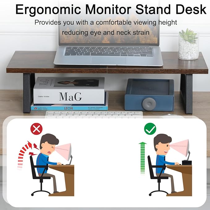 TEAMIX 24 inch Monitor Riser for Desk, Wood & Steel Computer/TV Stand Brown | Laptop, PC, Printer Stand Riser, Holds 150lbs, Desktop Organizer, Keyboard Storage, for Office, Home, Gaming, Craft Space - Image 6