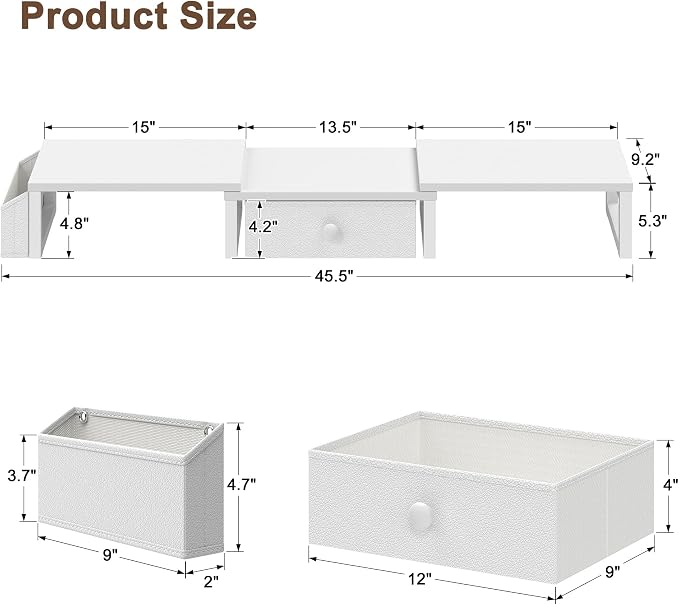LAND·VOI Heavy Duty Dual Monitor Stand, Holds 2 Screens Up to 27 Inches, Adjustable Length and Angle Monitor Riser, Desk Organizer with Side Pockets and Drawers, Home Office Desk Storage, White - Image 7