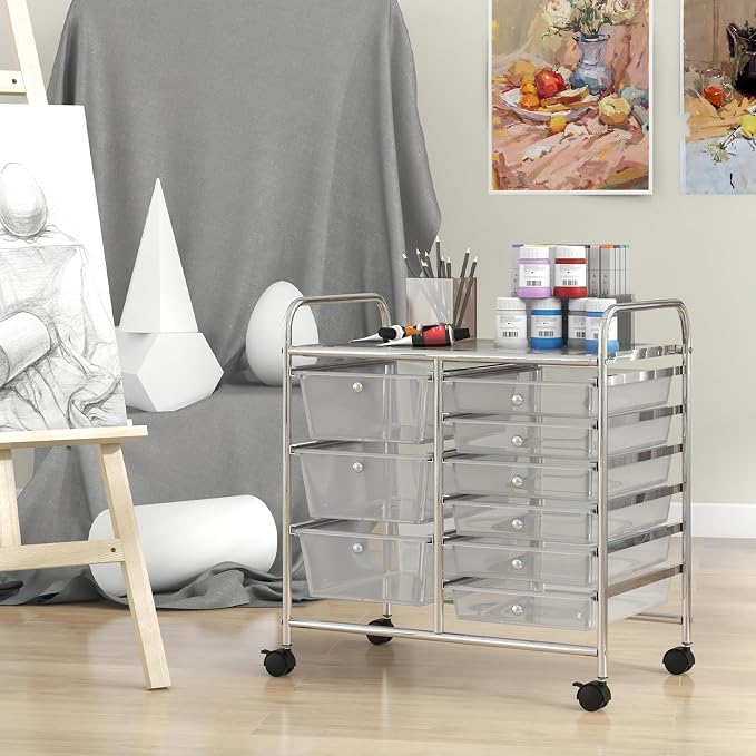 Giantex 9 Drawers Rolling Cart, Classroom Organizers, Storage Cart with Wheels, for Teacher Office Home School Supplies Tool Craft Art Paper, Clear - Image 4